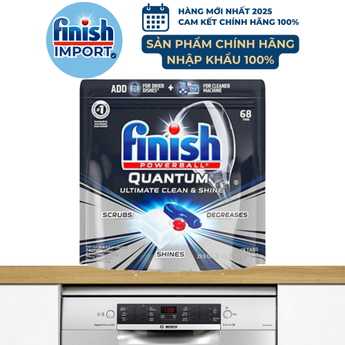Túi 68 viên Finish Quantum Ultimate 2019, siêu cao cấp, 16 tính năng, dành cho máy rửa chén 12-15 bộ